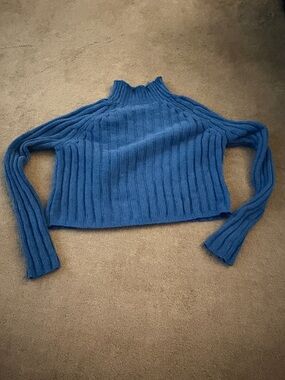 American Eagle Outfitters Blue Ribbed Mockneck Cropped Sweater
